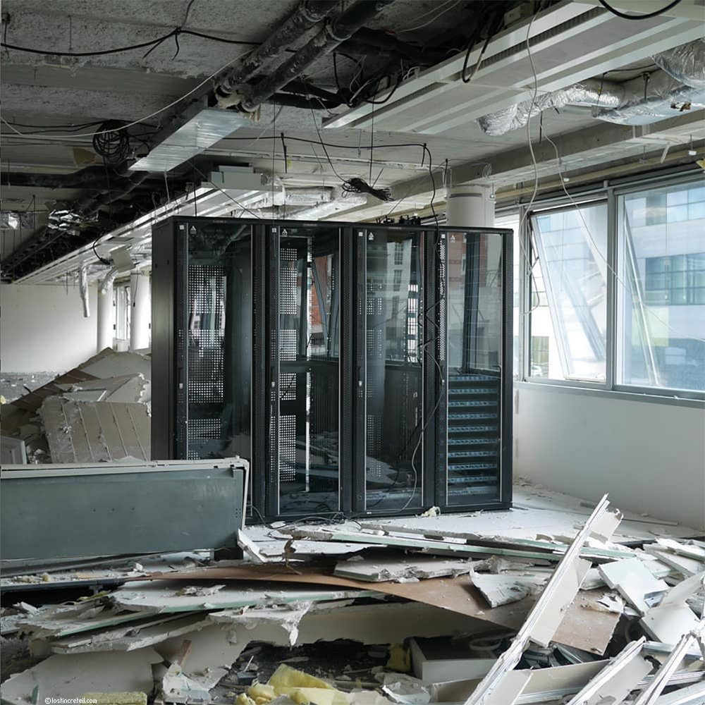 Remains of a server room in an office building under renovation, Paris